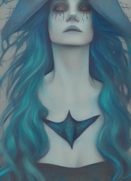 Full prompt: a woman with blue hair and a witch's hat. she's a witch 