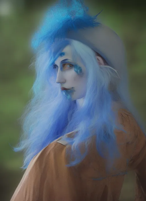 Full prompt: a woman with blue hair and a witch's hat. she's a witch 