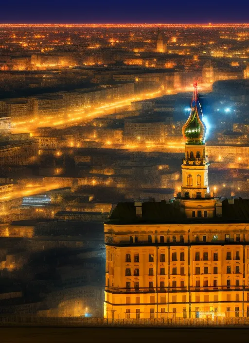 a photo of a russian flag on building in the night