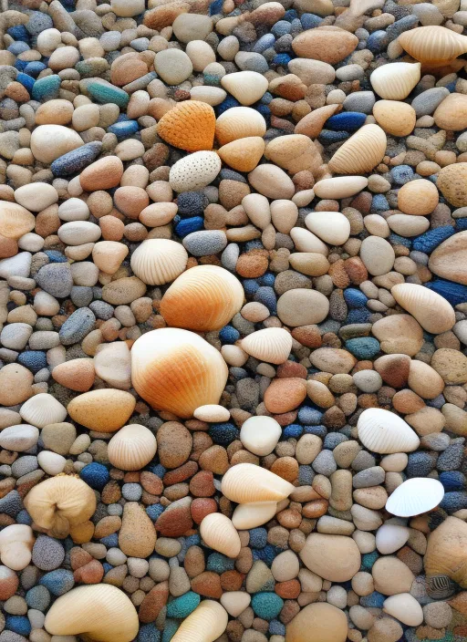 a beach scene as seen from the ground near a group of sea shells and pebbles