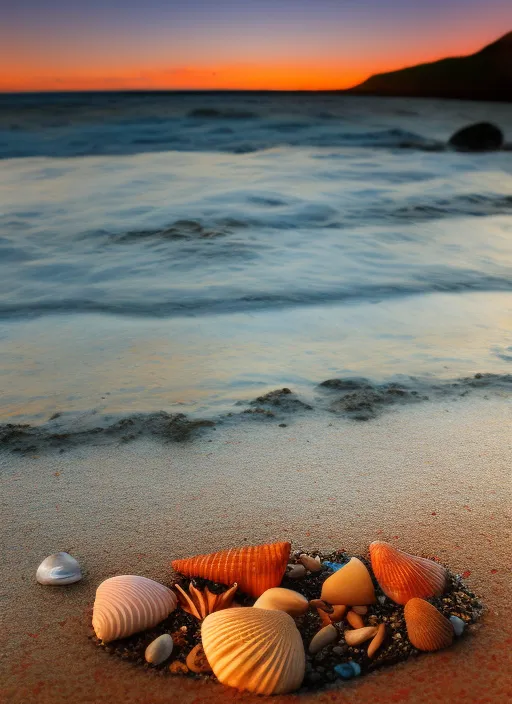 a beach scene as seen from the ground near a group of sea shells and pebbles looking out into the ocean at sunset
