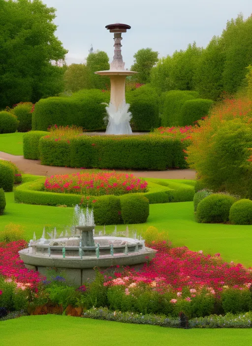 a flower garden with a low picket fence around it and a fountain in the center using a low vantage point close to the ground