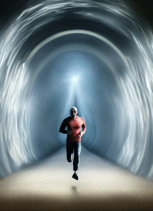 a man running towards his goal a bright tunnel in life photorealistic style