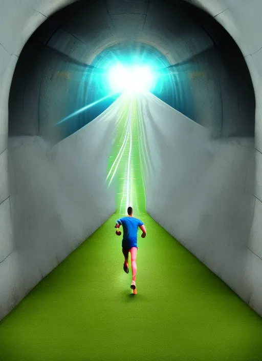 a man running towards his goal a bright tunnel a trophy surreal style