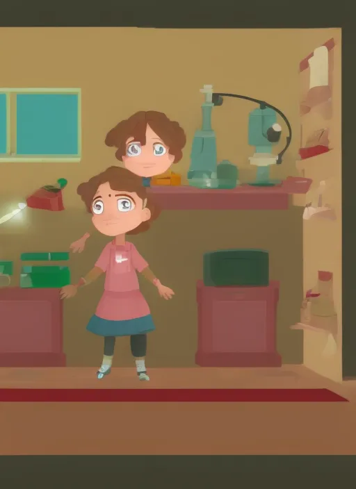 a animation character of a small girl working in small house for a sciences project