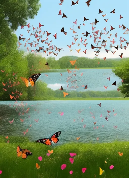  1000s of butterflies passing by a lake next to a sciences lab 