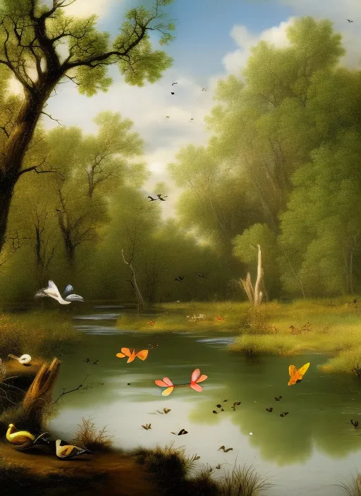 A pond in a forrest with ducks swimming, birds in the trees, and butterflies, near a dirt path.