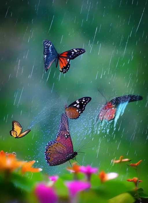 nature with birds and butterflies and rain forever in a magical world
