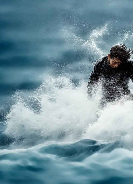 boy with cry and laughter at the same time in the middle of the stormy ocean