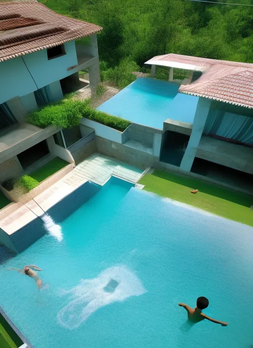 Awesome swimming pool in villas and boy swimming on it 