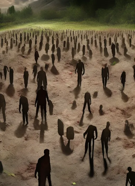 La imagen muestra a un montón de zombies saliendo de la tierra de un cementerio tenebroso,full HD,16k,ultra realista,hiper detallado,estilo de la serie the walking dead