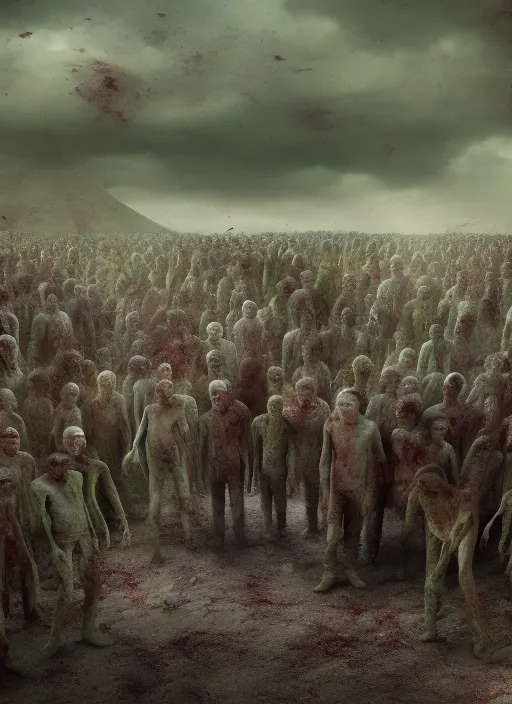 La imagen muestra a un montón de zombies saliendo de la tierra de un cementerio tenebroso,full HD,16k,ultra realista,hiper detallado,estilo de la serie the walking dead