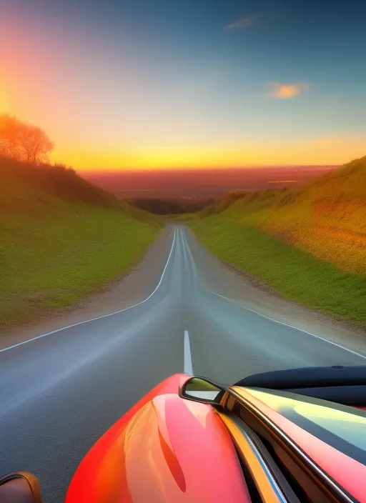 the car is driving at a beautiful sunset