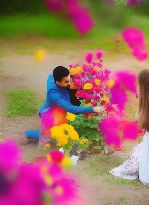 Flower colourful and boy taking the flower proposing a girl 