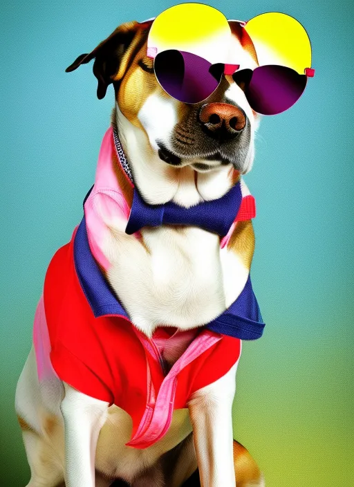 Dog wearing clothes with sun glasses colourful 