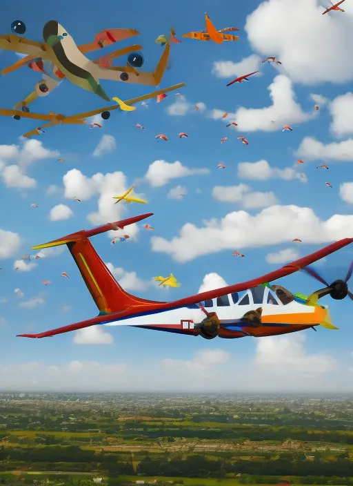 Bird flying on the sky and aeroplane with colourful passengers in it