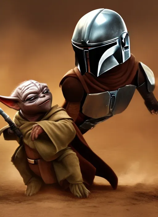 little Yoda and mandalorian fight
