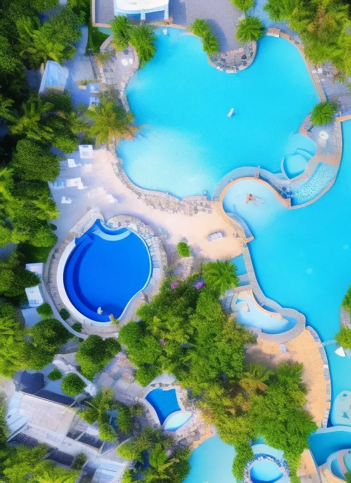 Aerial view of a beautiful resort and show swimming closely in blue colour 