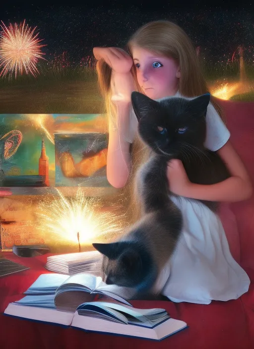 pretty girl studying, looking at fireworks with black cat as friend
