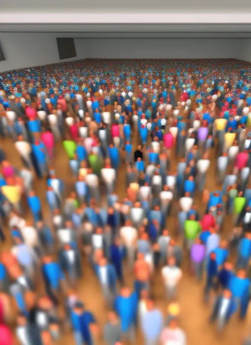 realistic, 3d, taking selfie with earphone, background hall full of people
