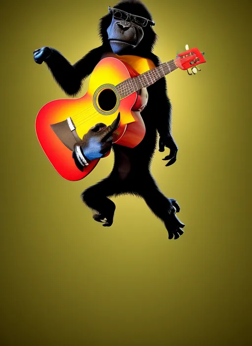 A dancing gorilla with sunglasses and guitar 