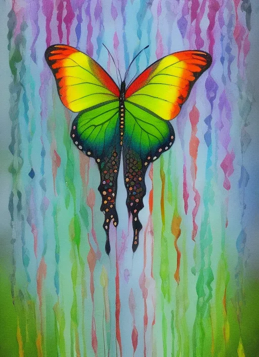 a butterfly with rainbow wings and a lovely background full of rain