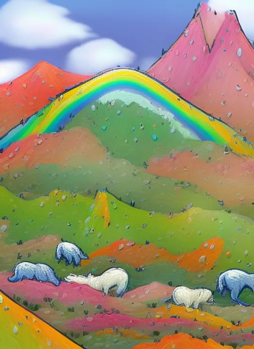 rainbow mountain with rainbow animals on a rainy day