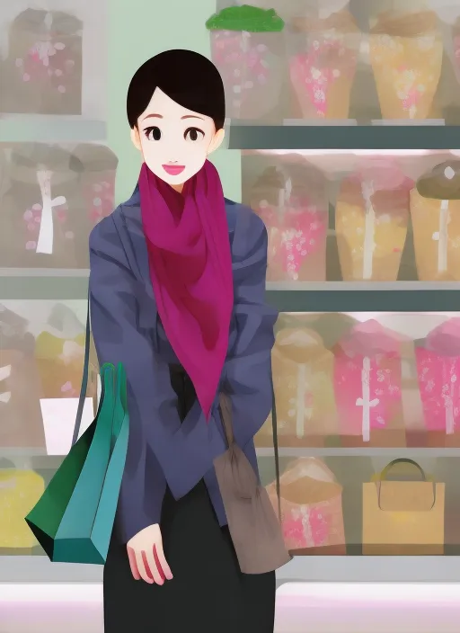 Realistic, young adult korean girl going shopping in spring , scarf around neck, high heels ,  high resolution