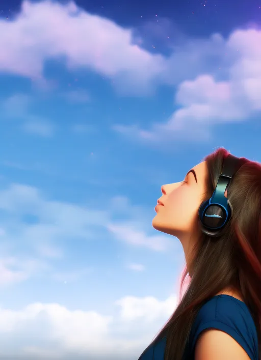 girl, listening to music, looking to skies, 8k, high resolution