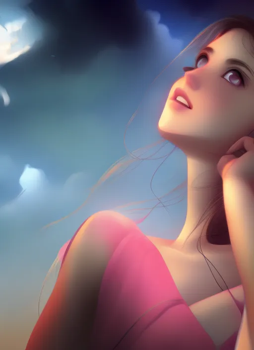 At night, realistic girl, listening to music, looking to skies, 8k, high resolution