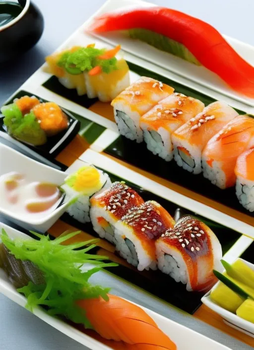 Sushi: Sushi is a Japanese dish that typically consists of vinegared rice, fish, and vegetables. It can be served with soy sauce, wasabi, and pickled ginger.