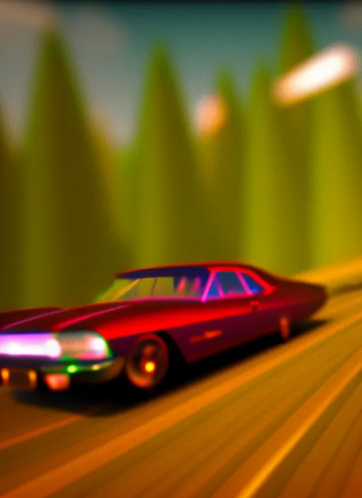 “70s car driving down to a detailed digital forest, retrowave, synthwave, 8k”, Negative prompt 6: “blurry, ugly, deformed, out of focus, low resolution, mountains, city”