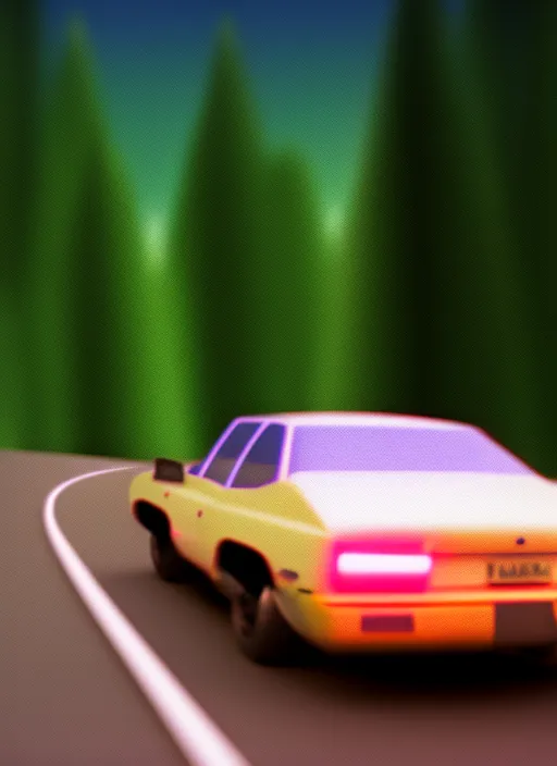 “70s car driving down to a detailed digital forest, retrowave, synthwave, 8k”, Negative prompt 6: “blurry, ugly, deformed, out of focus, low resolution, mountains, city”