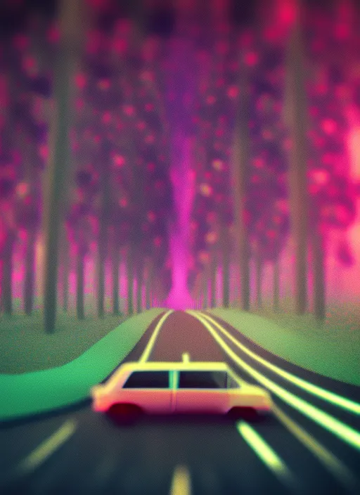 “70s car driving down to a detailed digital forest, retrowave, synthwave, 8k”, Negative prompt 6: “blurry, ugly, deformed, out of focus, low resolution, mountains, city”