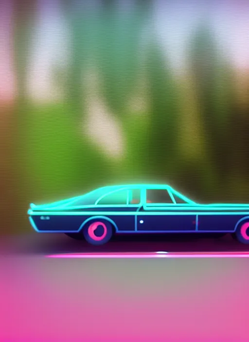 “70s car driving down to a detailed digital forest, retrowave, synthwave, 8k”, Negative prompt 6: “blurry, ugly, deformed, out of focus, low resolution, mountains, city”