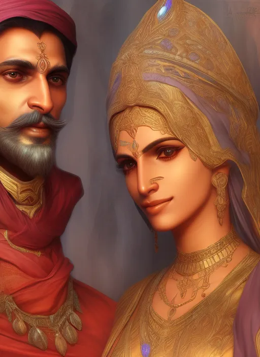 portrait painting of  indian royal couple ultra realistic, concept art, intricate details, eerie, highly detailed, photorealistic, octane render, 8 k, unreal engine. art by artgerm and greg rutkowski and alphonse mucha