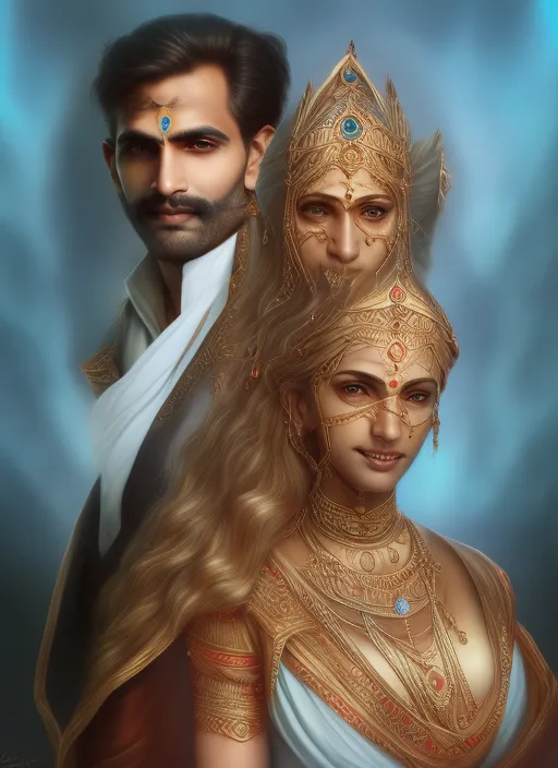 portrait painting of  indian royal couple ultra realistic, concept art, intricate details, eerie, highly detailed, photorealistic, octane render, 8 k, unreal engine. art by artgerm and greg rutkowski and alphonse mucha