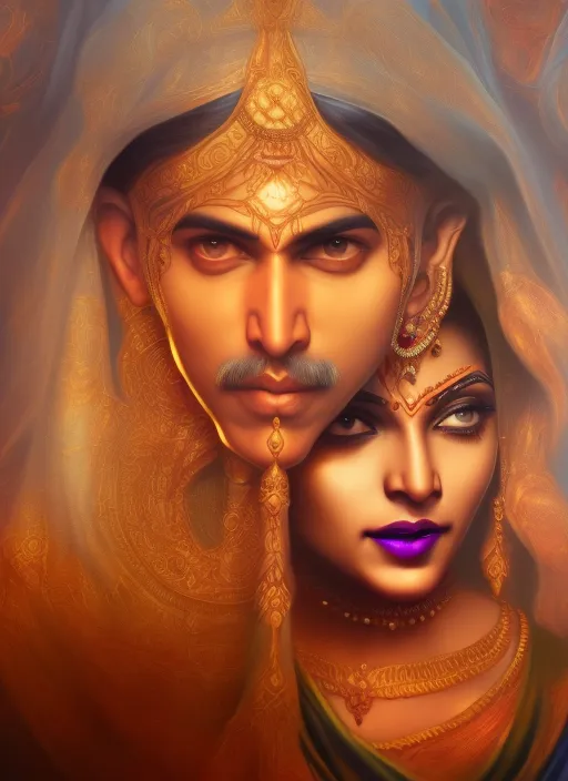 portrait painting of  indian royal couple ultra realistic, concept art, intricate details, eerie, highly detailed, photorealistic, octane render, 8 k, unreal engine. art by artgerm and greg rutkowski and alphonse mucha