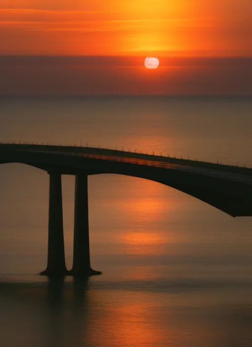 a bridge over the sea while the sun sets