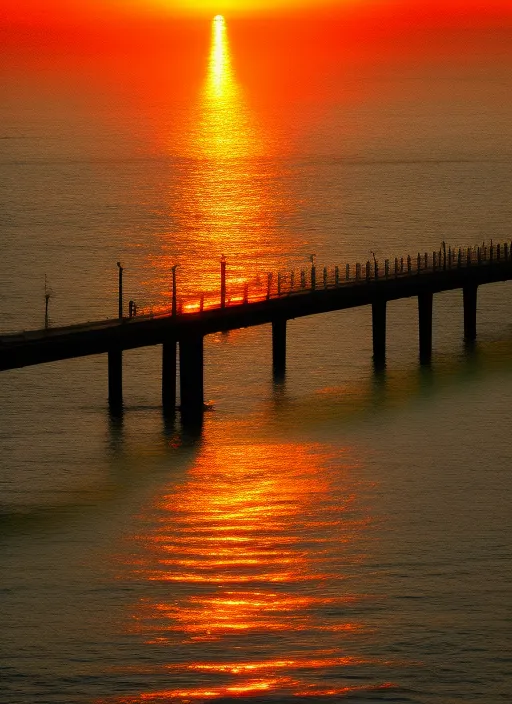 a bridge over the sea while the sun sets