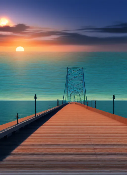 a bridge over the sea while the sun sets, Full HD, 8K, realistic