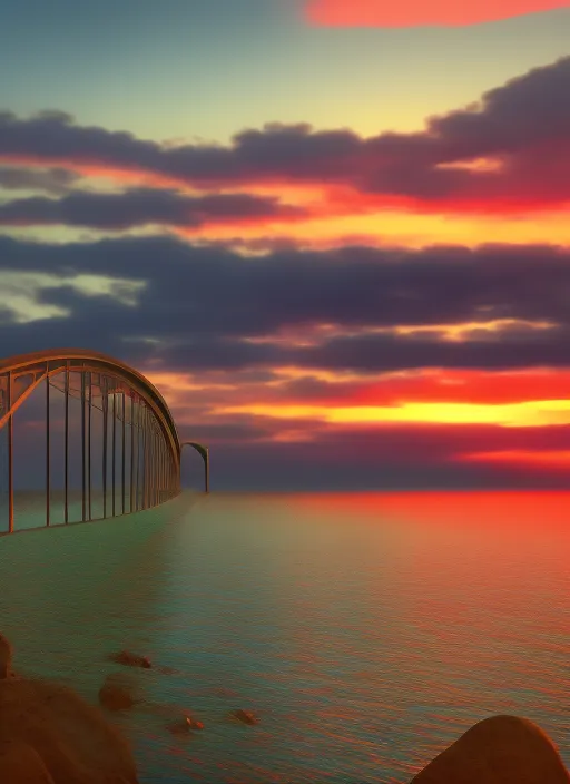 a bridge over the sea while the sun sets, Full HD, 8K