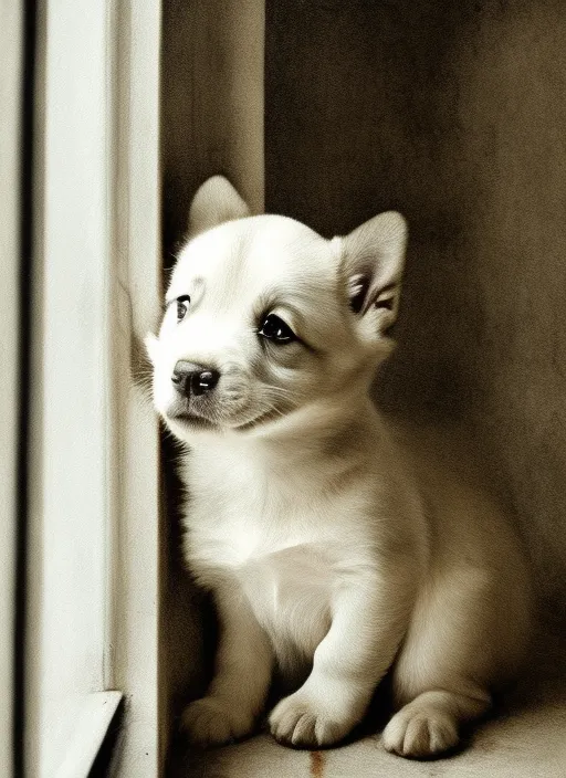 a small puppy looking near the window 