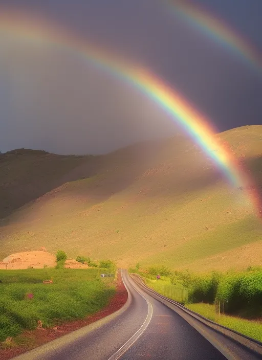 a long endless road with a rainbow and stormy weather