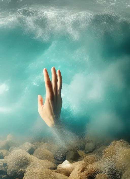 a small hand raising above a stormy ocean in middle