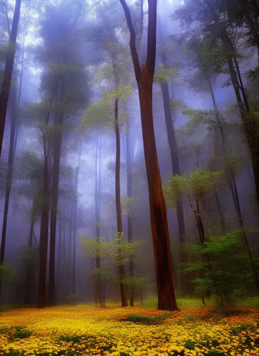 flower rain in between a dry forest