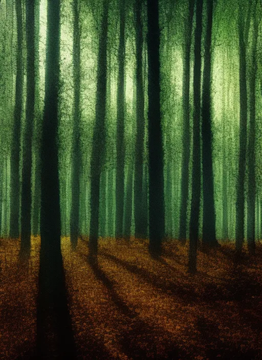 a bright forest with a dark tree in the middle