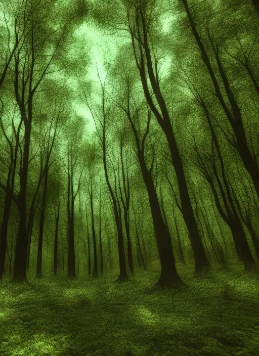 a beautiful dense dark forest  with so many leaves 