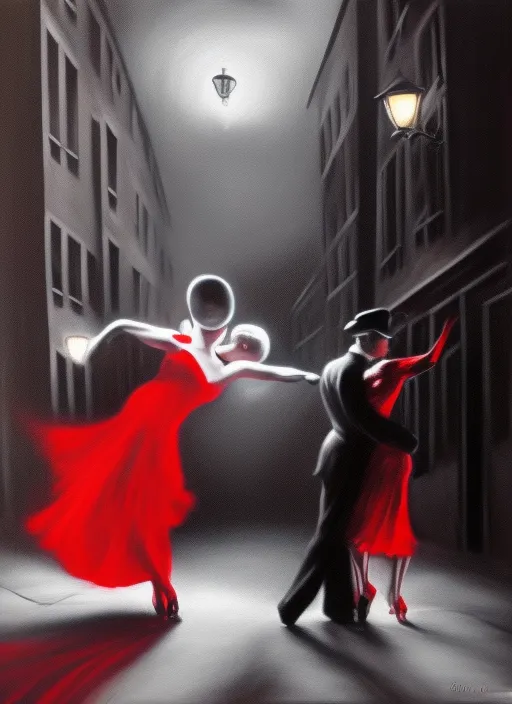 epic art detailed hyper realistic ealistic hyper detailed at night, a couple dances a dynamic tango, lies on the sidewalk in the distance under a street lamp on the sidewalk a man in a tailcoat and hat, a woman in an red evening dress, black and white colors streaks of paint on a dark background