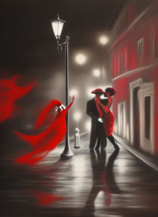 epic art detailed hyper realistic ealistic hyper detailed at night, a couple dances a dynamic tango, lies on the sidewalk in the distance under a street lamp on the sidewalk a man in a tailcoat and hat, a woman in an red evening dress, black and white colors streaks of paint on a dark background